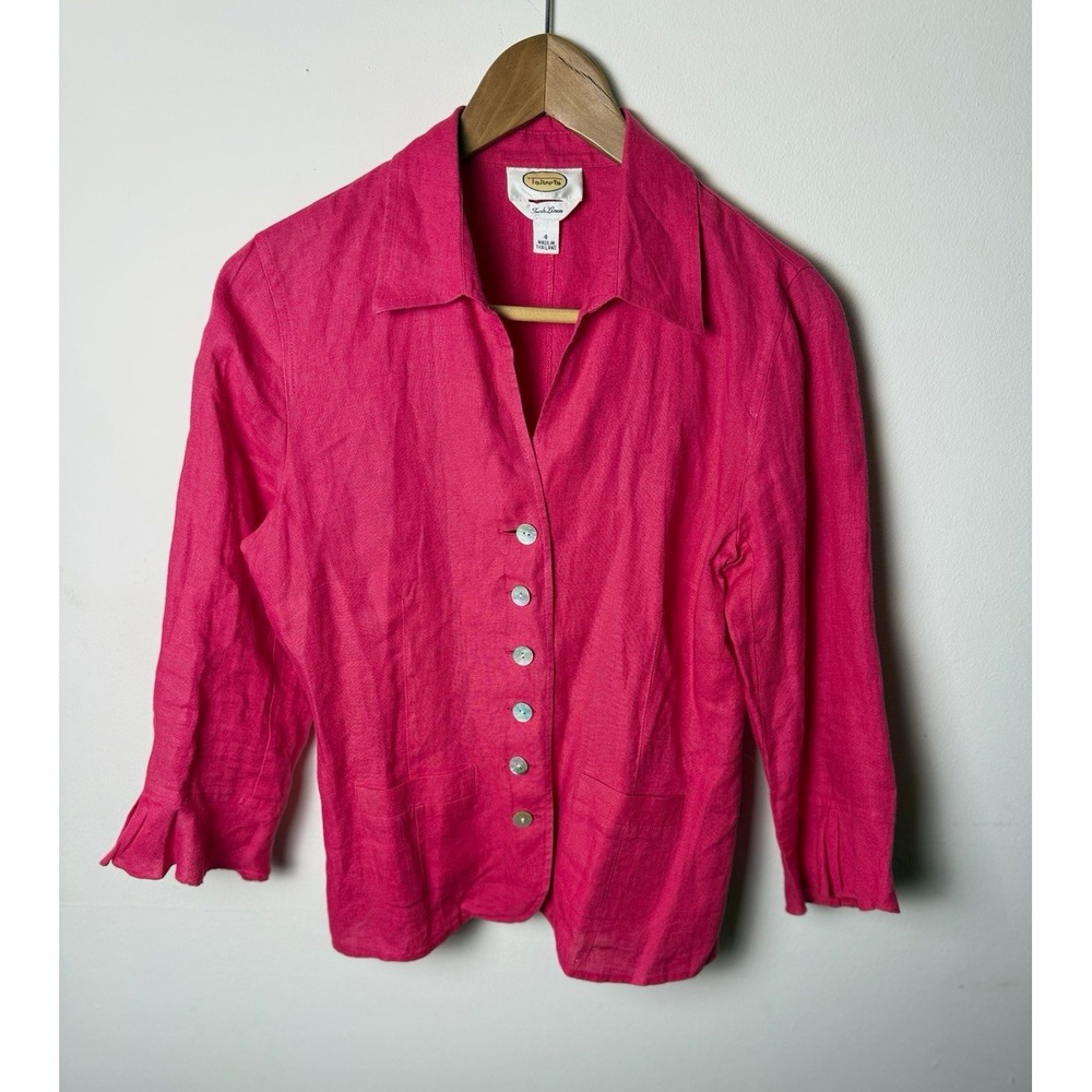 Talbots Irish Linen Pink Button-Up Collared 3/4 Sleeve Top Pockets Sz 4